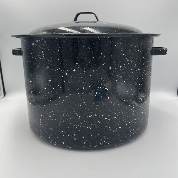 Vintage Hand Painted Black Speckled Enamelware Soup Pot Stock Pot Decor LID - Picture 6 of 13